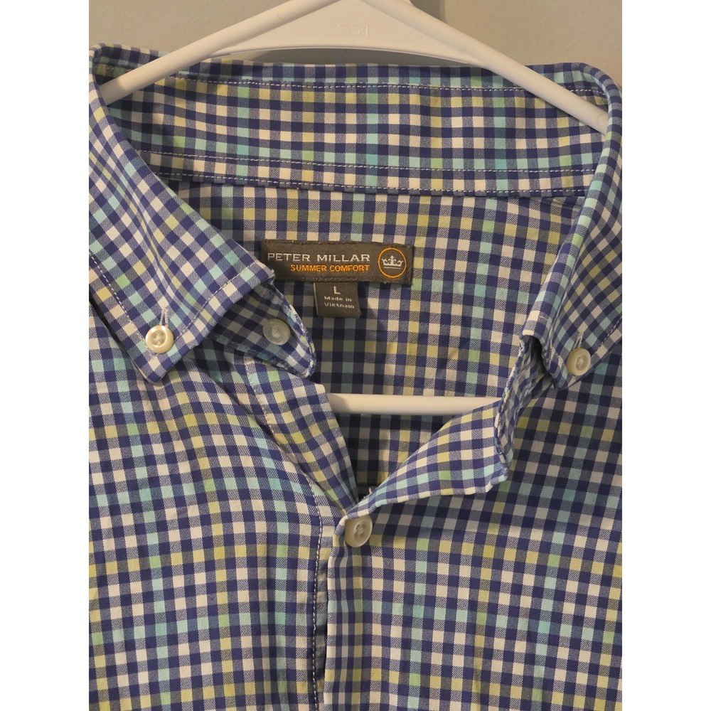 Peter Millar Summer Comfort Gingham Shirt Mens Large Blue Yellow Stretch Nylon - Picture 2 of 5